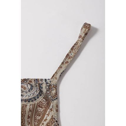 Khaki Paisley Printed Spaghetti Strap V Neck Smocked Babydoll Tank Top