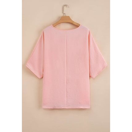 Pink Textured Half Sleeve V Neck Plus Size T Shirt with Chest Pocket