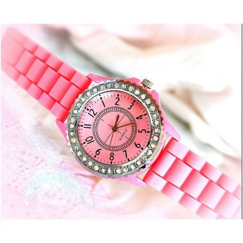 Big Dial Fashion Style Crystal Wrist Watch Pink Silicone Watchband Jewellery 837