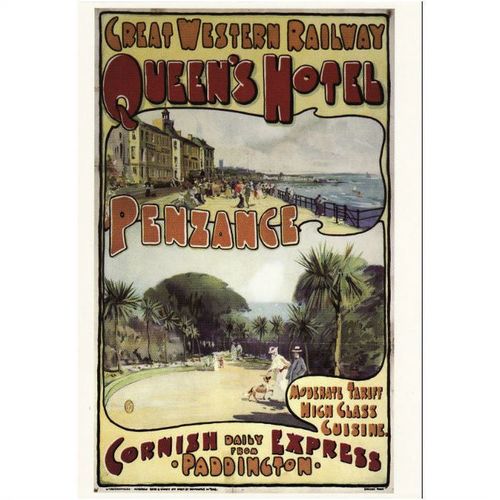 Railway Postcard GWR Poster Queen's Hotel PENZANCE 1909 Alec Fraser