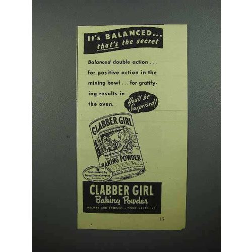 1945 Clabber Girl Baking Powder Ad - It's Balanced