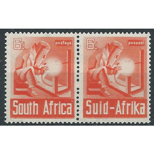 South Africa 1941 SG93 6d Red-Orange Pair Mounted Mint . ..