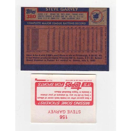 TWO 1984 Topps Steve Garvey baseball cards - #380, Sticker #156 - Padres