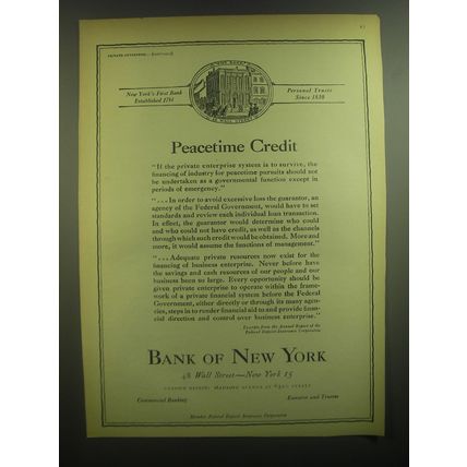 1945 Bank of New York Ad - Peacetime Credit