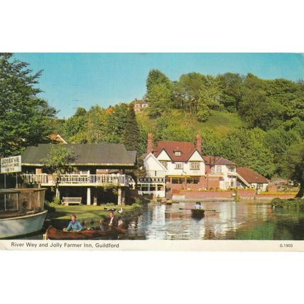 River Wey and Jolly Farmer Inn Guildford Surrey Dennis Postcard 1974 posted VGC