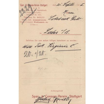 Spar & Consum Verein Stuttgart German WW1 Receipt Postcard