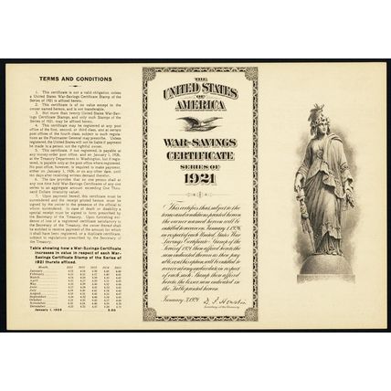 1921 Unused War Savings Certificate For WS6 Stamps * RARE! * Stuart Katz