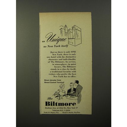 1954 The Biltmore Hotel Ad - As Unique as New York itself