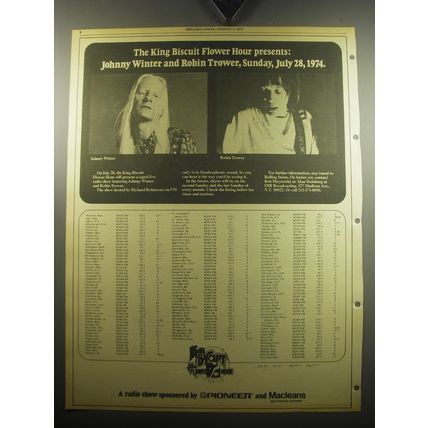 1974 The King Biscuit Flower Hour Advertisement - Johnny Winter and Robin Trower