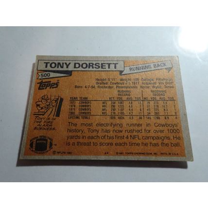 1981 Topps Football Card # 500 Tony Dorsett Very Good (3) Dallas Cowboys