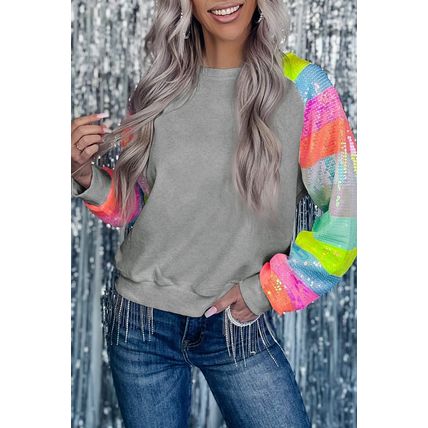 Gray Sequin Color Block Raglan Sleeve Pullover Sweatshirt