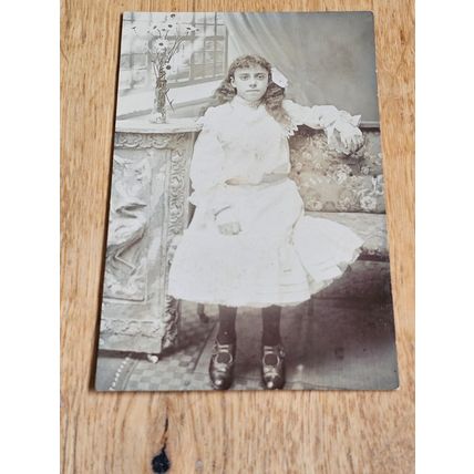 Edwardian School girl, white frilly dress, pearls, social history fashion RPPC