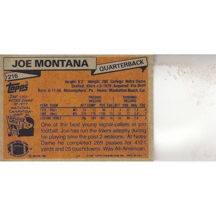 JOE MONTANA ROOKIE 1981 AUTOGRAPHED SAN FRANCISCO 49ERS HOF SB CHAMPION MVP QB