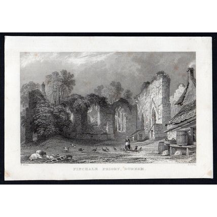 FINCHALE PRIORY, DURHAM 1839 Samuel Lacey - Thomas Allom ANTIQUE ENGRAVING