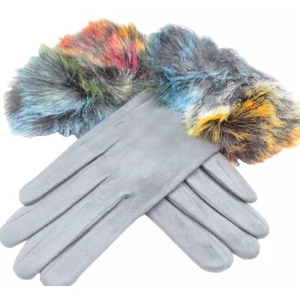Ladies Gloves Grey with Multicoloured Faux Fur Trim 24 CM Clothing Accessory