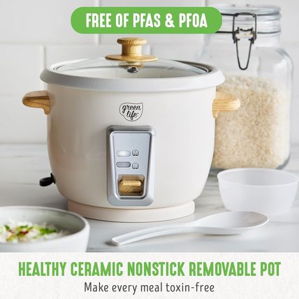 Greenlife 1.5 QT Electric Rice Cooker, Compact Small Size, 3-Cups Uncooked/6-Cup