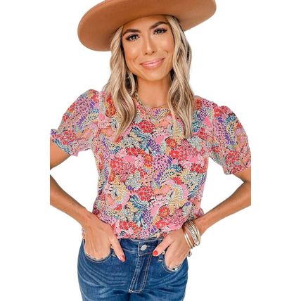 Multicolor Mix Floral Pattern Bubble Sleeve Blouse