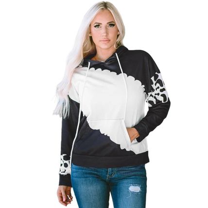 Black Cow Tie Dye Print Pocketed Drawstring Pullover Hoodie