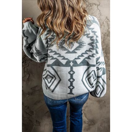Light Grey Geometric Pattern Ribbed Trim Button-Up Cardigan