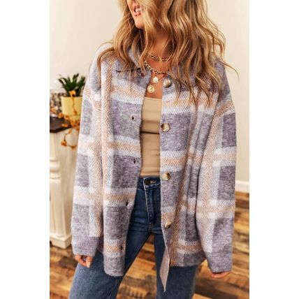 Sky Blue Fuzzy Plaid Collared Button Up Cardigan