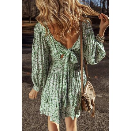 Green Floral Print Square Neck Shirred Waist Tiered Ruffled Mini Dress