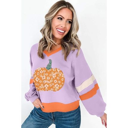 Orchid Bouquet Halloween Floral Pumpkin Color Block V Neck Sweatshirt