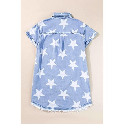 Sky Blue Stars Frayed Hem Collared Short Sleeve Denim Dress