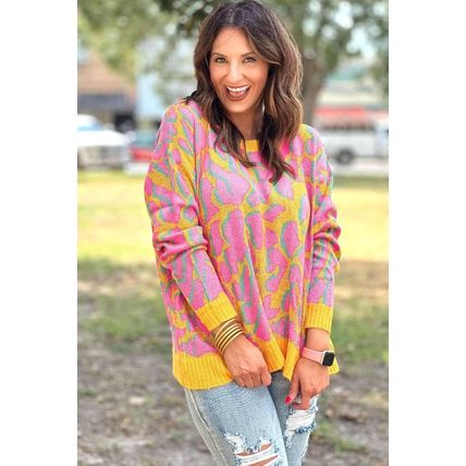 Vitality Orange Abstract Print Ribbed Trim Baggy Sweater