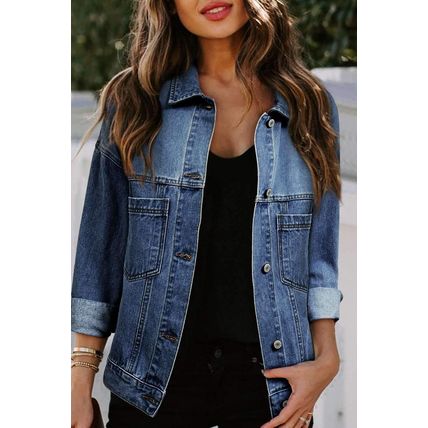 Dark Blue Washed Oversize Pocketed Denim Jacket