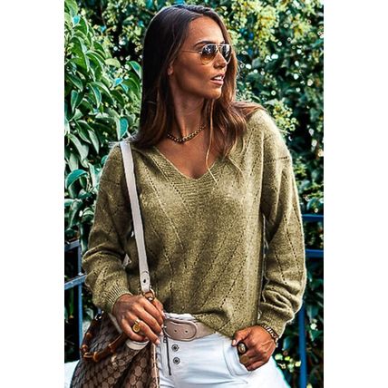 Sage Green Solid Eyelet Drop Shoulder V Neck Sweater