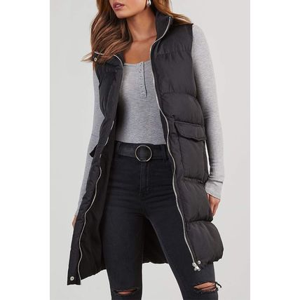 Black Windproof Longline Full Zipper Puffer Vest with Pockets