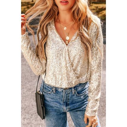 Beige Sequin Long Sleeve Wrap V Neck Bodysuit
