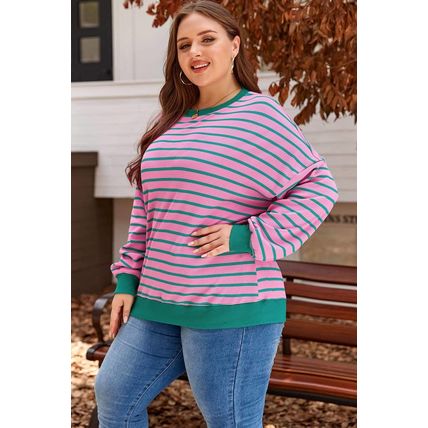 Pink Stripe Waffle Knit Crew Neck Plus Size Sweatshirt