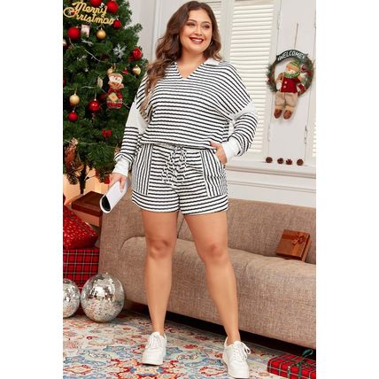 Black Stripe Collared V Neck Long Sleeve Top Plus Shorts Set