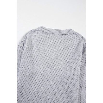 Light Grey Loose Eyelet V Neck Drop Shoulder Sweater