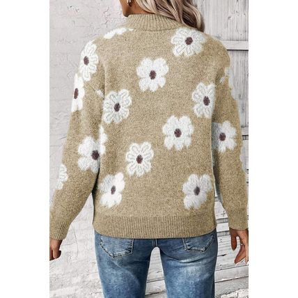 Khaki Floral Pattern Half Zip Drop Shoulder Sweater