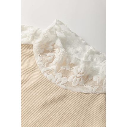 Beige Floral Lace Patchwork Long Sleeve High Neck Slim Top