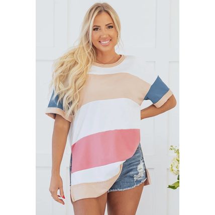 Multicolour Colorblock Patchwork Side Split Tunic T Shirt