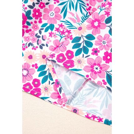 Pink Plus Size Floral Half Button Short Puff Sleeve A-line Dress