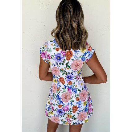Sky Blue Vibrant Floral Print Cap Sleeve Mini Dress