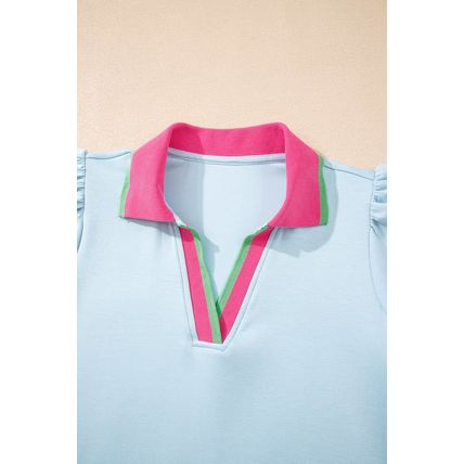 Beau Blue Color Contrast Ruffled Sleeve Collared V Neck Blouse