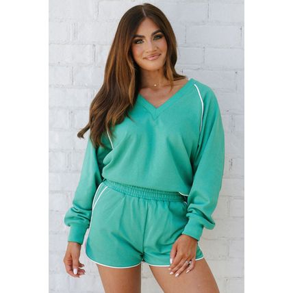 Dark Green Colorblock Trim V Neck Pullover Top and Shorts Set