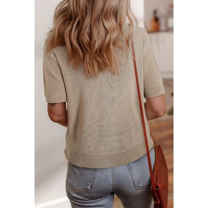 Beige Shiny Knitted Short Sleeve Drop Shoulder Sweater