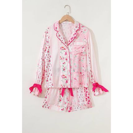 Pink Mixed Floral Print Contrast Piping Trim Satin Tie 2pcs Pajama Set