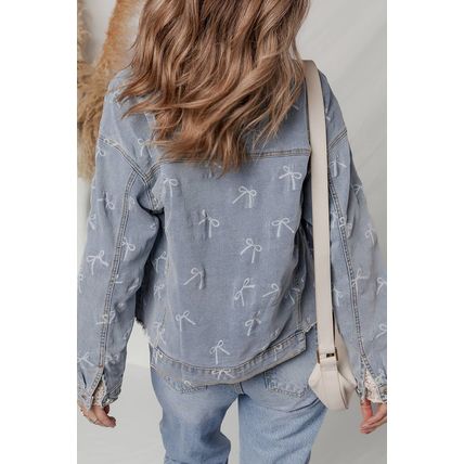 Sky Blue Bow Knot Print Light Wash Raw Hem Denim Jacket