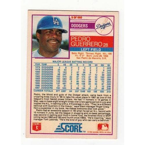 1988 Score Pedro Guerrero baseball card #9 – Dodgers