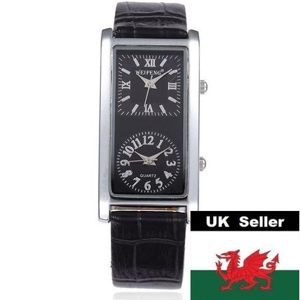 Long Black Dual Time Face Stainless Steel Back Black Leather Strap Watch