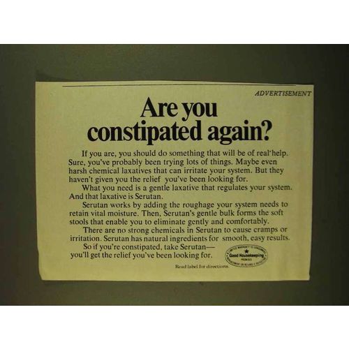 1979 Serutan Laxative Ad - Are You Constipated Again