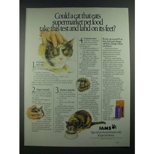 1988 Iams Pet Food Ad - A Cat That Eats Supermarket Pet Food