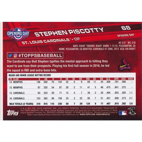 2017 Topps Opening Day 68 Stephen Piscotty St. Louis Cardinals